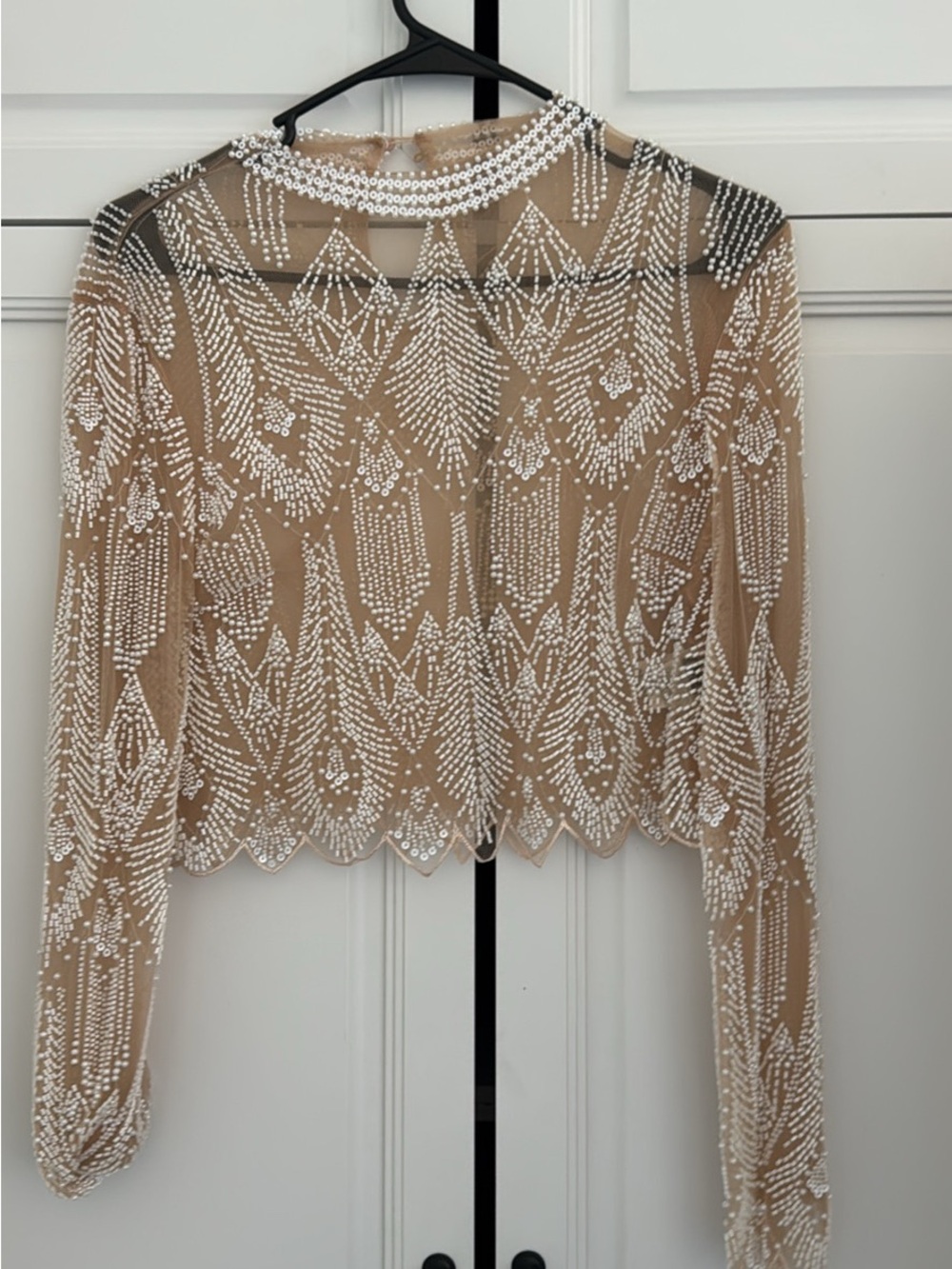 Anewsta Pearl Beaded Sheer Mesh Long Sleeve Top Size S